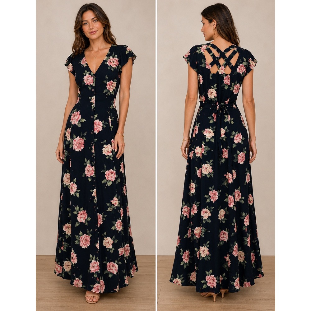 VTG Scarlett Dress 10 Floral Print A-Line Maxi Button Front Dress Dark Romantic